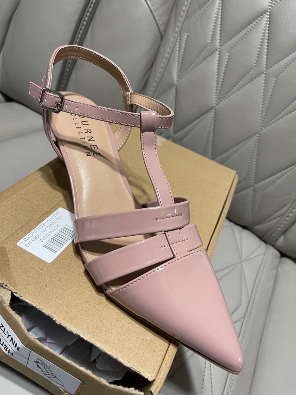 Jazlynn T-Strap Pointed Kitten Heel Pumps in Blush Pink